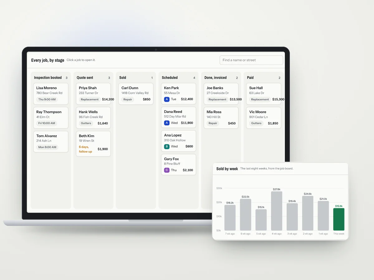 A job-tracking board and a weekly sales chart on a laptop