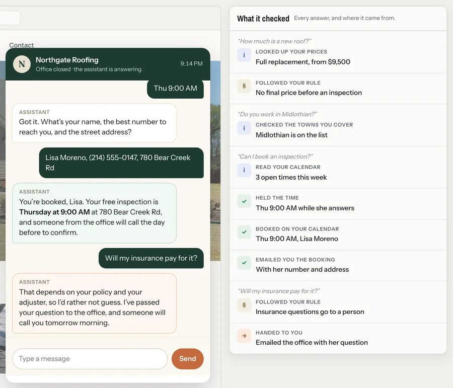Chat confirming a booking and handing an insurance question to the office