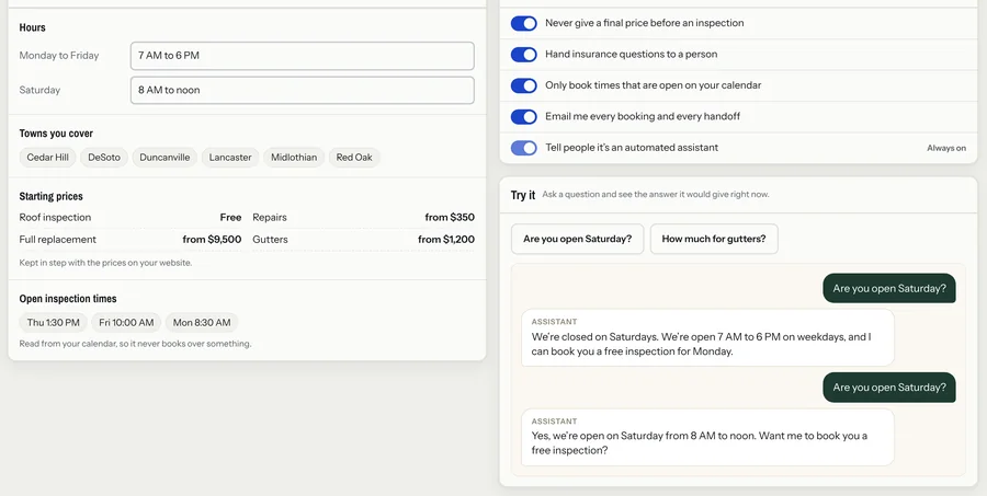 Business information, rules and a test question panel