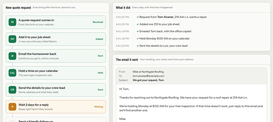 Workflow steps marked done next to a timed log of what happened