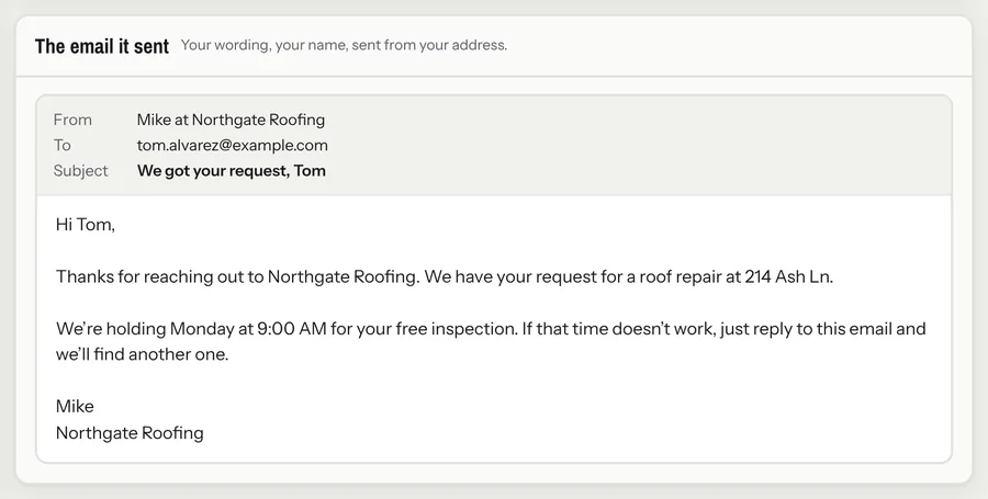 Confirmation email sent to a homeowner