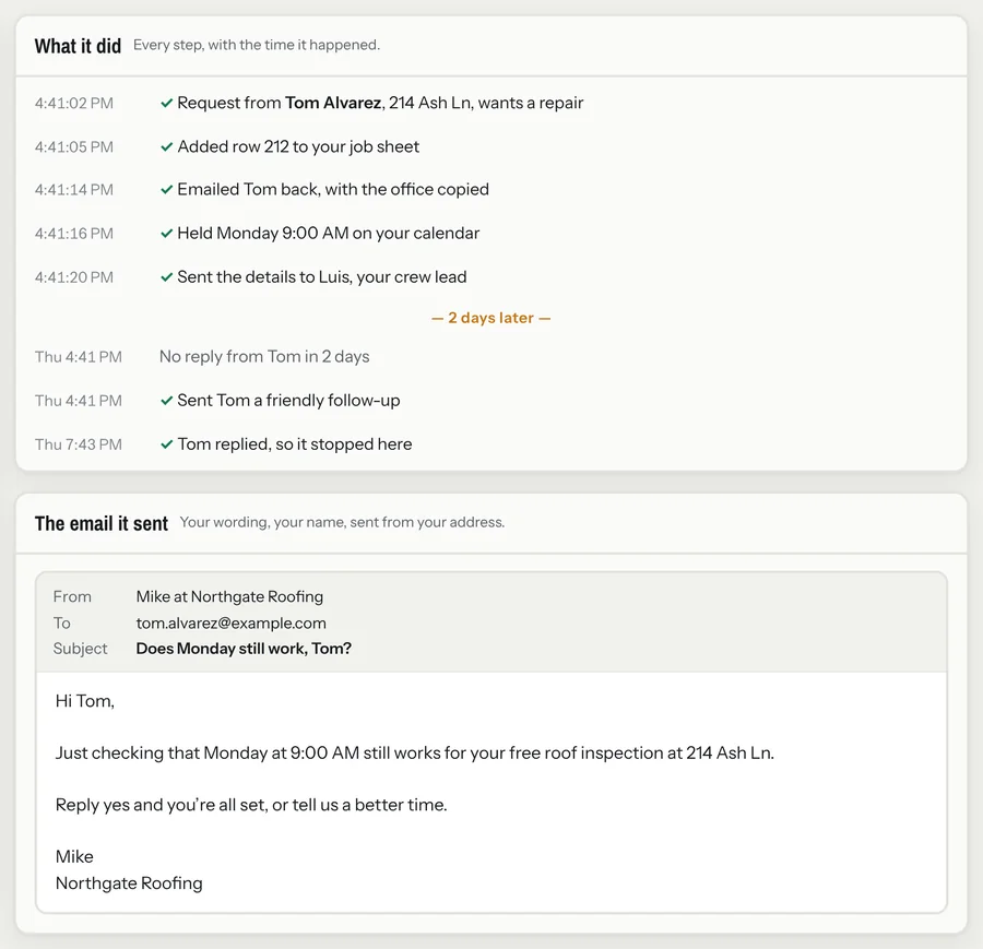 Workflow log showing a follow-up sent after two days