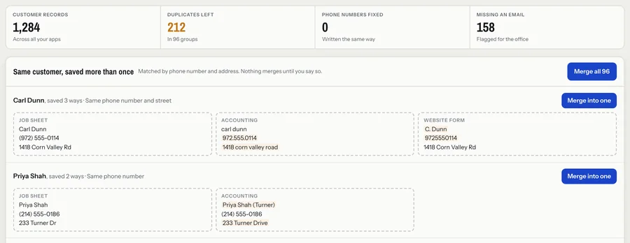 Duplicate customer records from different apps side by side