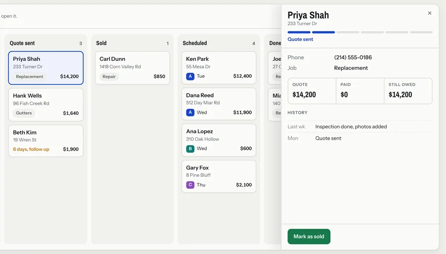 Job details panel with quote, paid and owed amounts