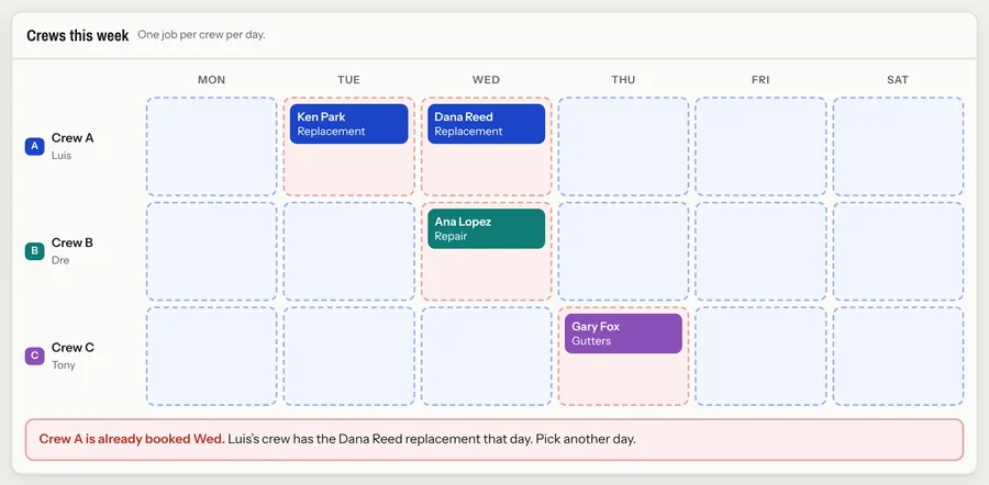 Crew schedule warning that a crew is already booked