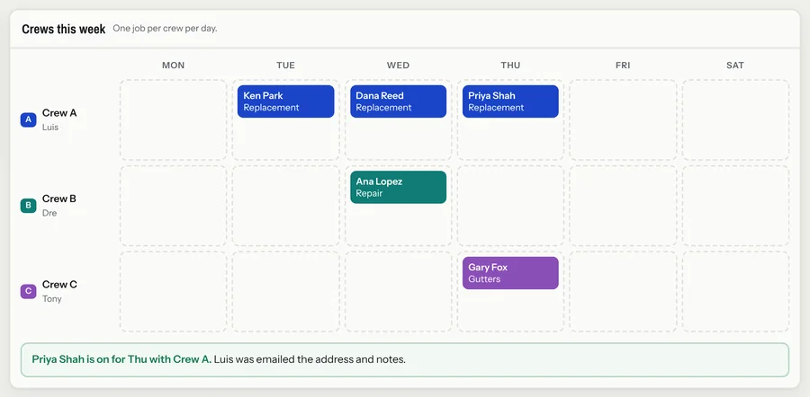 Crew schedule with a newly booked job