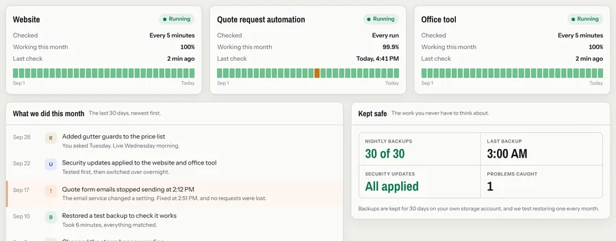 Status cards for three systems with uptime bars