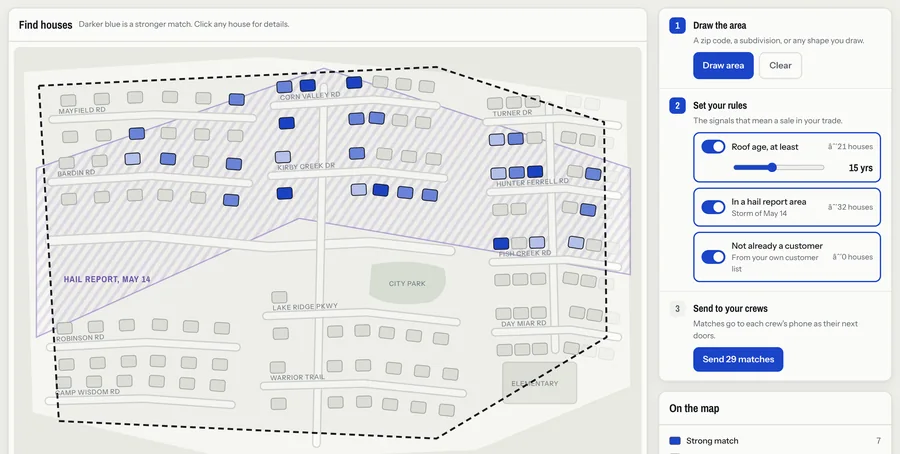 Map with matched houses and rule switches for roof age, hail report and existing customers