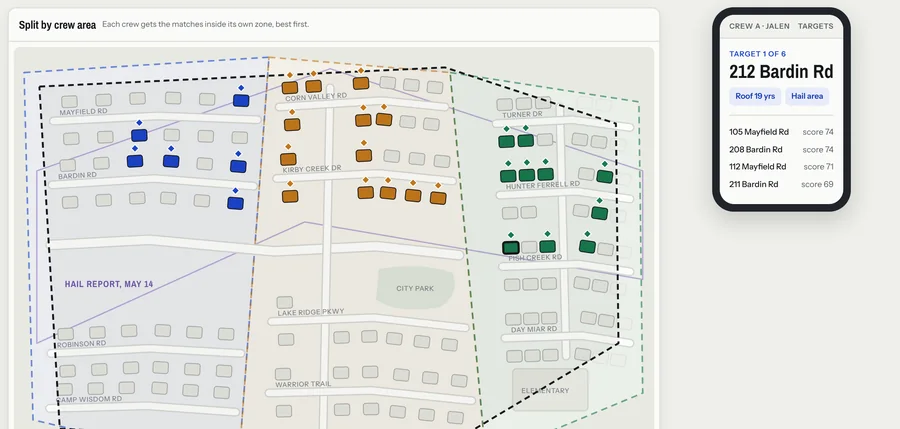 Matches split by crew area with a rep phone preview