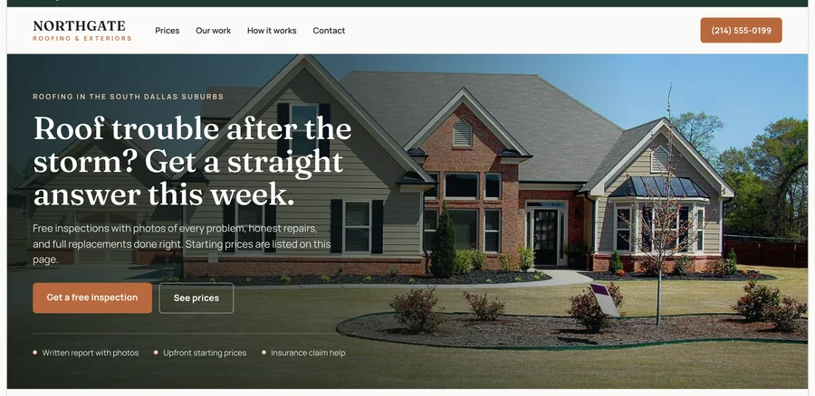 Sample roofing company homepage with a headline, phone number and quote button