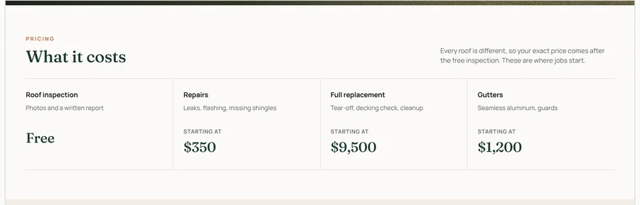 Price cards and recent job photos on the sample site