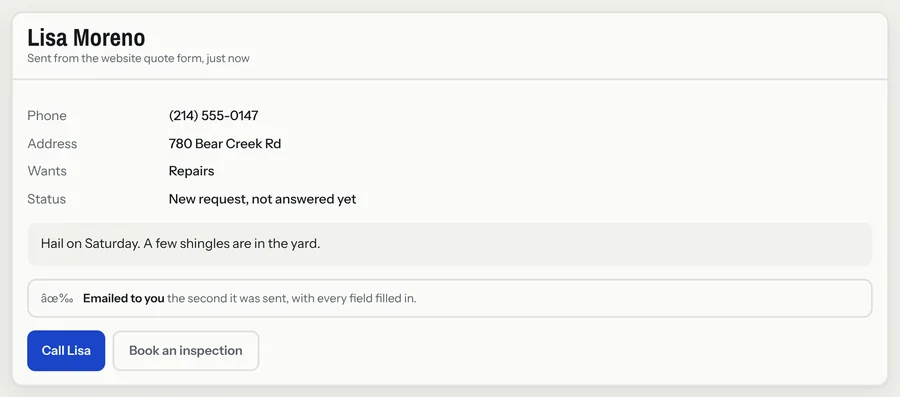 Owner inbox showing a new quote request with name, phone, address and message