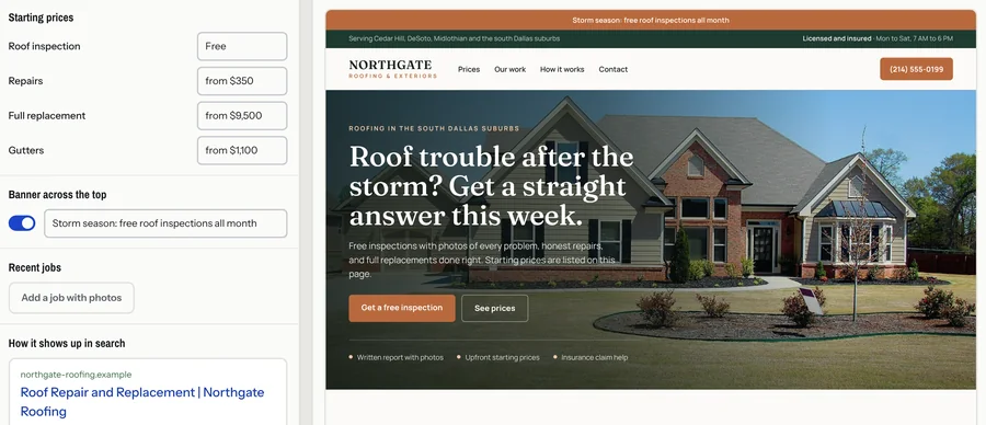 Site editor with price fields and a banner switch next to a live preview